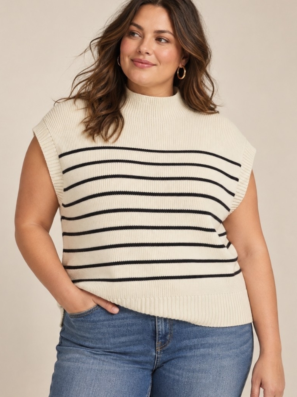 Maeve Anthropologie 2X Mock Neck Sweater Tee Ivory Navy Stripe Sleeveless